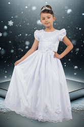 Girls White Satin Communion Gown with Floral Lace