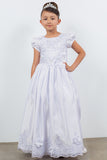 Girls White Satin Communion Gown with Floral Lace
