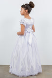 Girls White Satin Communion Gown with Floral Lace