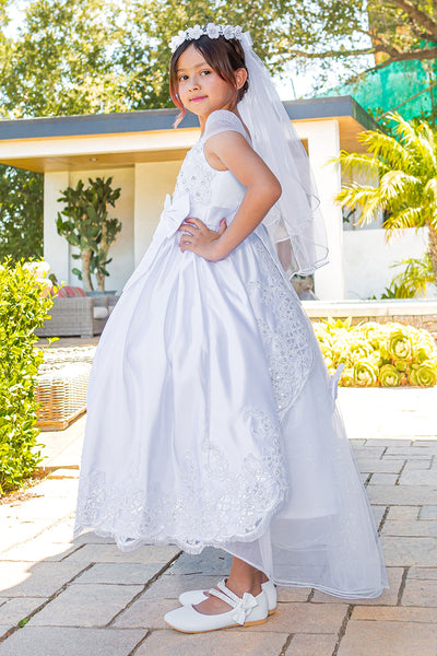 Girls White Tea Length Communion Dress in Satin