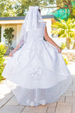 Girls White Tea Length Communion Dress in Satin