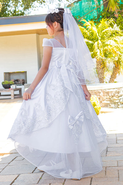 Girls White Tea Length Communion Dress in Satin