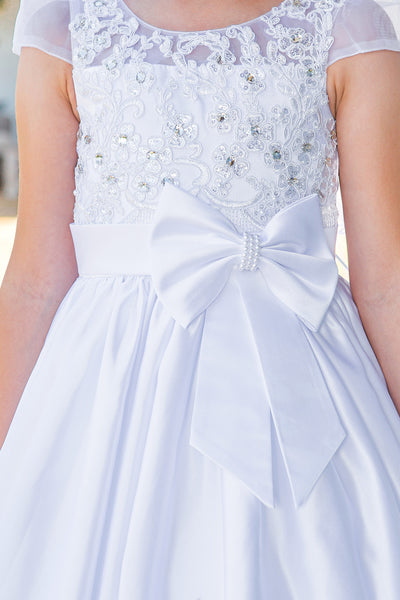 Girls White Tea Length Communion Dress in Satin