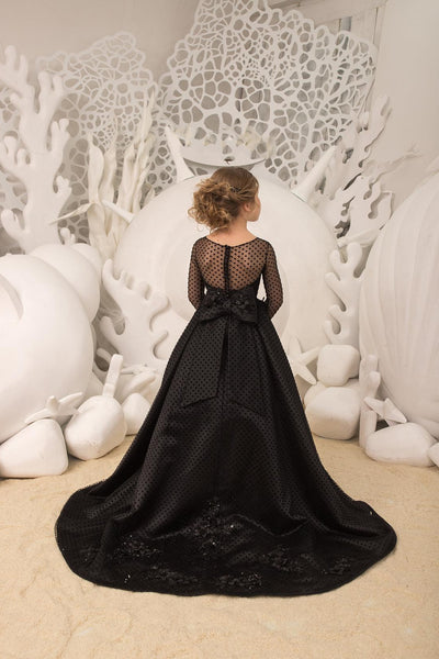 Couture Hi Lo Black Satin Tulle Pageant Gown Flower Girl Birthday Party Dress