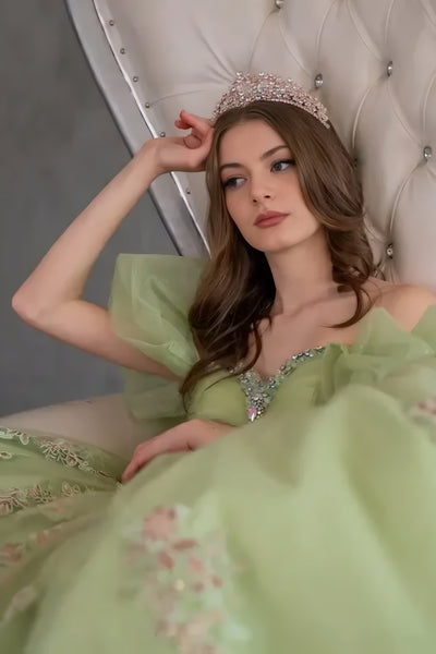 Evelisse Meadow Lime Quinceañera Gown – Puff Sleeves & Floral Embroidery