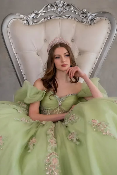 Evelisse Meadow Lime Quinceañera Gown – Puff Sleeves & Floral Embroidery