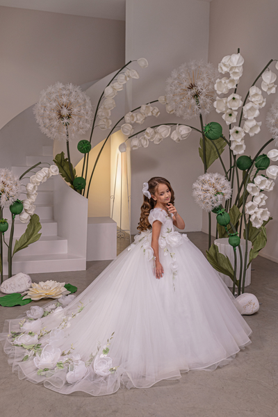 Ivory & Green Floral Fashion Couture Girls Ball Gown