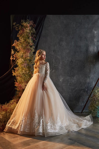 Pentelei Couture Flower Girl Lace Chiffon Gown with Train