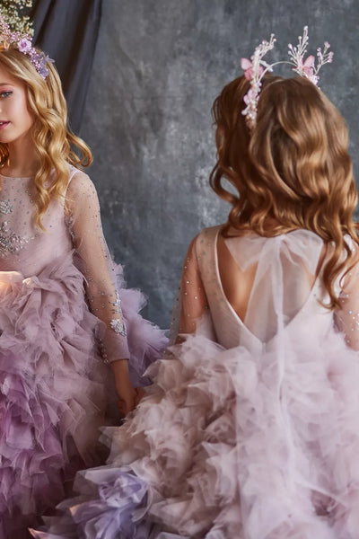 Stunning Pentelei Couture Girls Ruffle Tulle Purple Ombre Pageant Gown