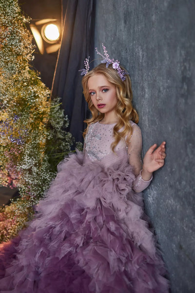 Stunning Pentelei Couture Girls Ruffle Tulle Purple Ombre Pageant Gown