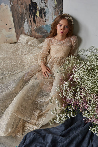 Elegant Lace Communion & Pageant Gown with Sheer Sleeves | Pentelei Couture