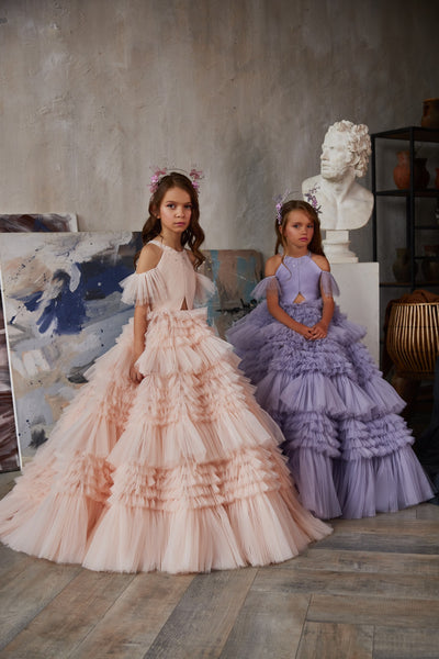 Pentelei Couture Girls Ruffled Tulle Pageant Flower Girl Formal Party Gown