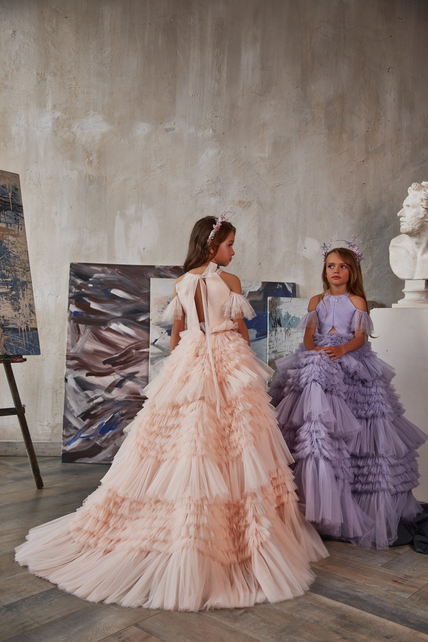 Pentelei Couture Girls Ruffled Tulle Pageant Flower Girl Formal Party Gown