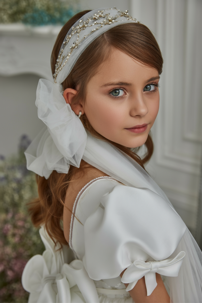 Pentelei Couture Puff Sleeve Communion Dress – Elegant White Gown