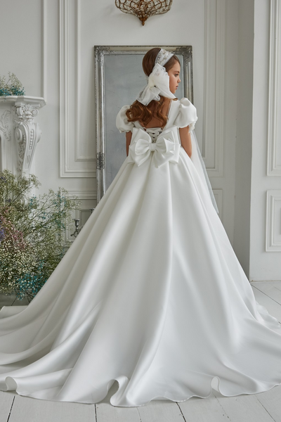 Pentelei Couture Puff Sleeve Communion Dress – Elegant White Gown