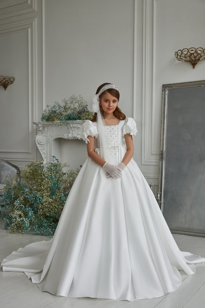 Pentelei Couture Puff Sleeve Communion Dress – Elegant White Gown