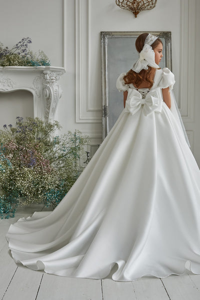 Pentelei Couture Puff Sleeve Communion Dress – Elegant White Gown