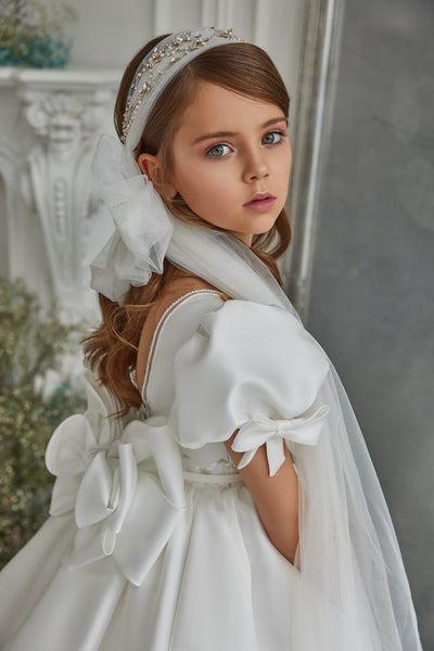 Pentelei Couture Puff Sleeve Communion Dress – Elegant White Gown
