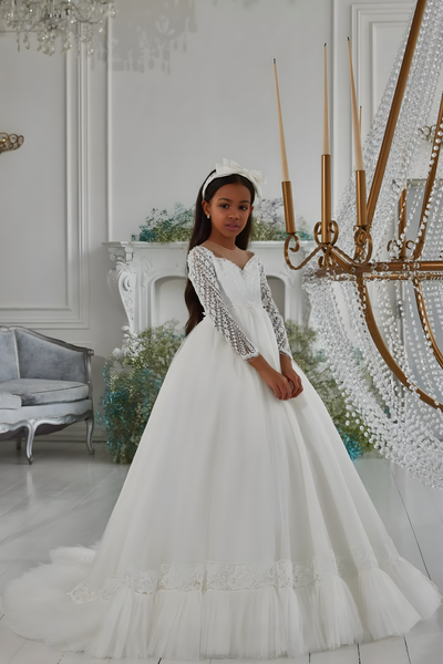 Pentelei Couture White Communion Gown with Lace Sleeves