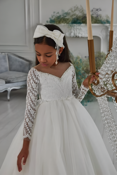 Pentelei Couture White Communion Gown with Lace Sleeves