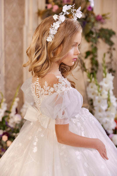 Exquisite Flower Girl Communion Gown with Puff Sleeves | Pentelei Couture