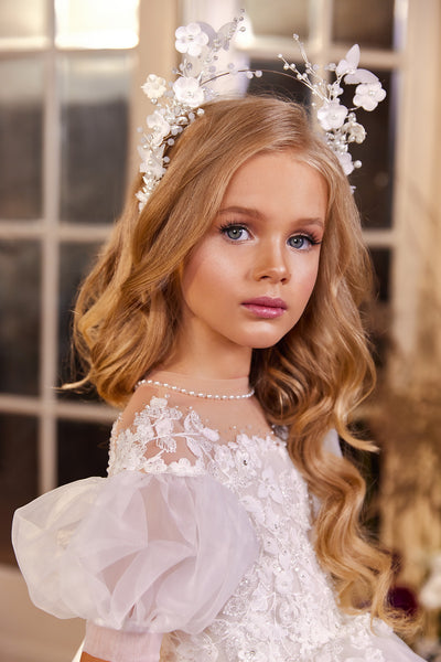 Exquisite Flower Girl Communion Gown with Puff Sleeves | Pentelei Couture