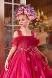 Pentelei Couture Ball Gown for Kids – Off-Shoulder Tulle Dress with Floral Appliqué Train