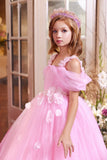 Pentelei Couture Ball Gown for Kids – Off-Shoulder Tulle Dress with Floral Appliqué Train