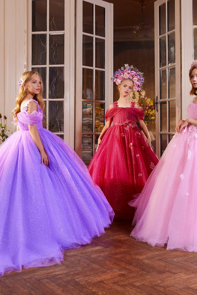 Pentelei Couture Ball Gown for Kids – Off-Shoulder Tulle Dress with Floral Appliqué Train