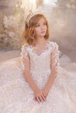 Pentelei Couture Lace Ball Gown for Kids – Long Sleeve Floral Appliqué Dress for Weddings