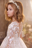 Pentelei Couture Lace Ball Gown for Kids – Long Sleeve Floral Appliqué Dress for Weddings