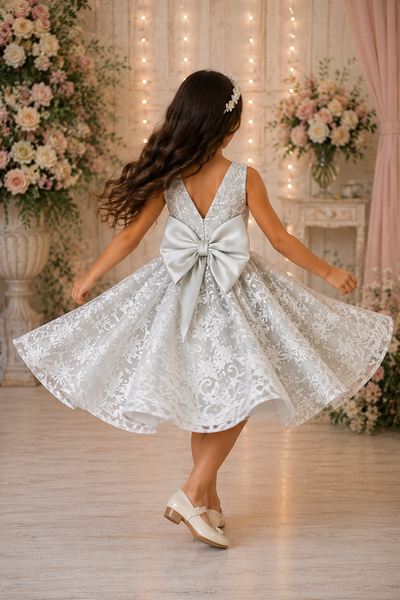 Ivory Lace Flower Girl Dress with Bow Back