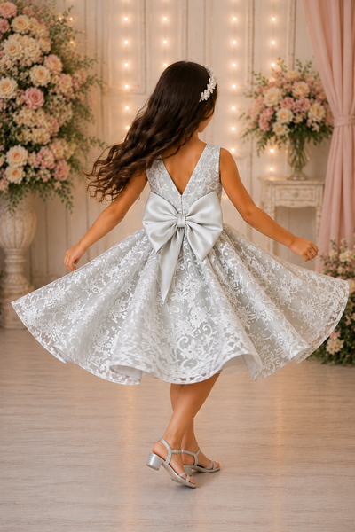 Ivory Lace Flower Girl Dress with Bow Back