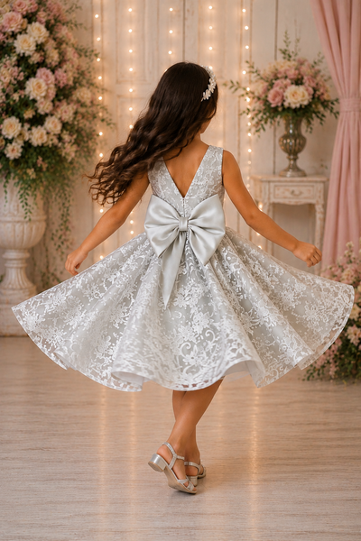 Ivory Lace Flower Girl Dress with Bow Back