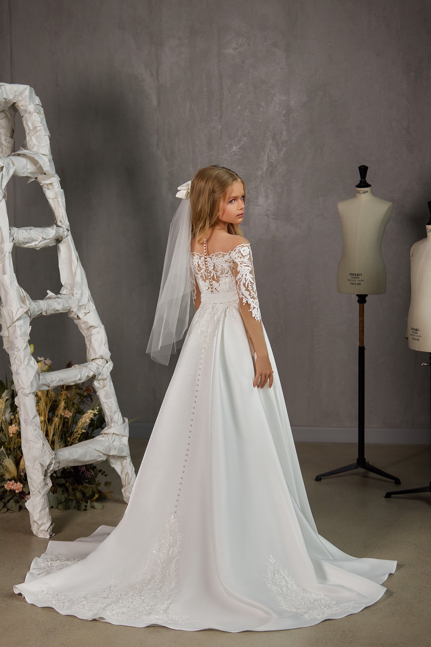 Girls Couture Satin Lace Off The Shoulder Communion Gown