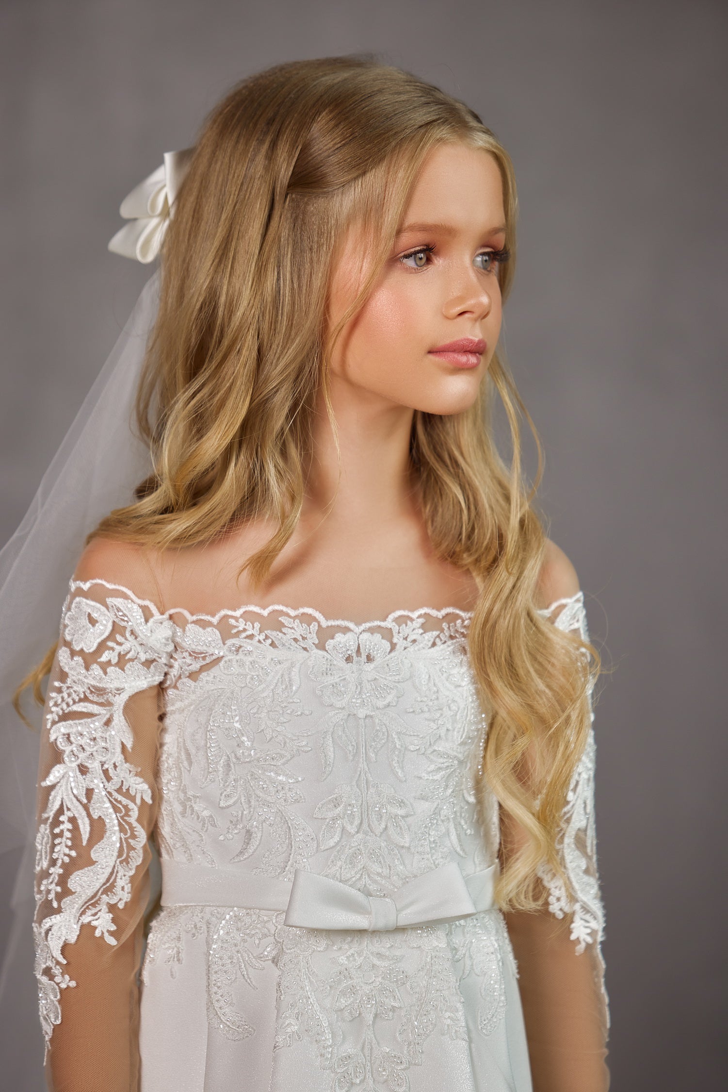 Girls Couture Satin Lace Off The Shoulder Communion Gown