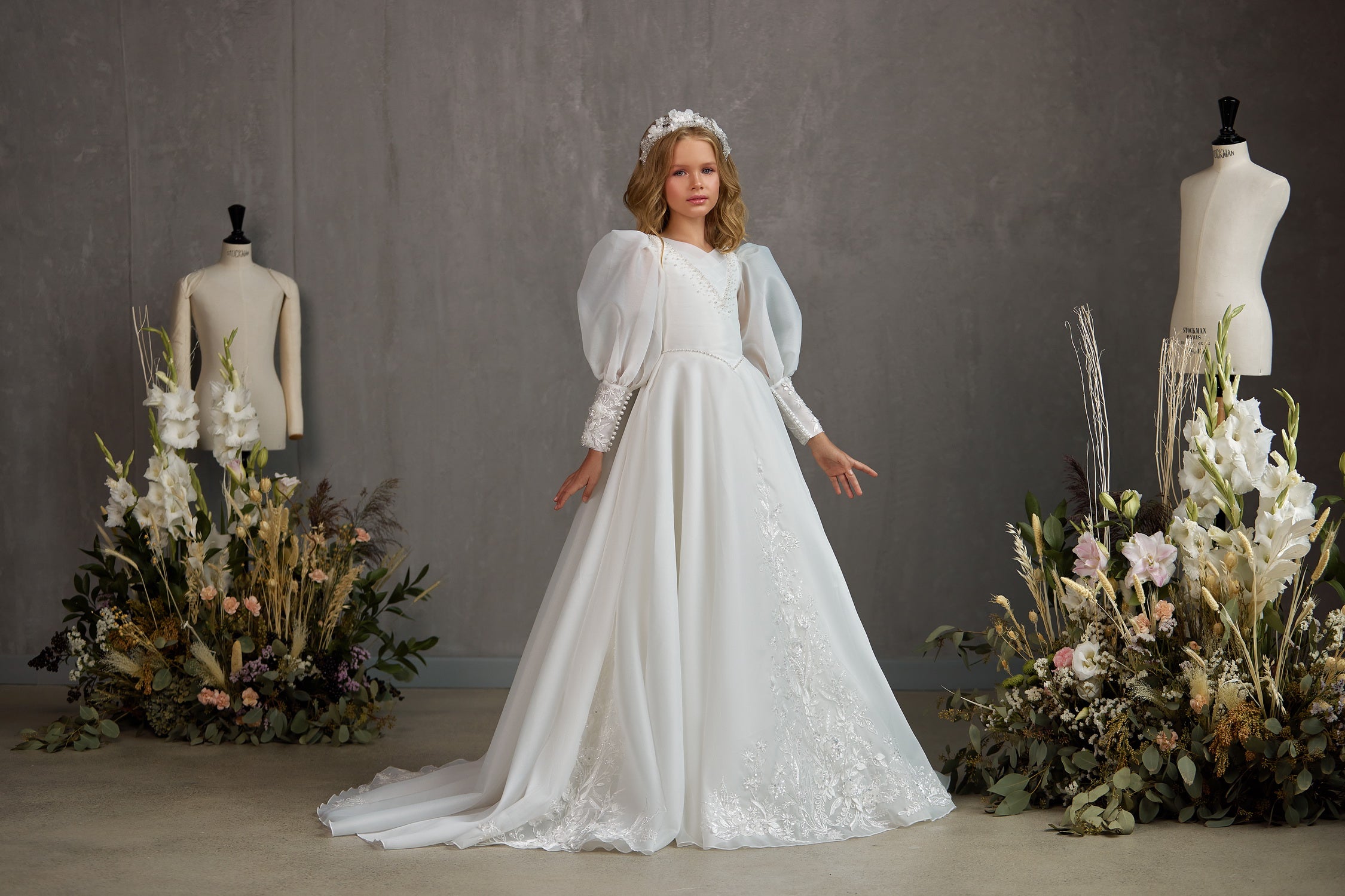 Girls Chiffon Special Occasion Communion Gown With Victorian Lace Sleeves