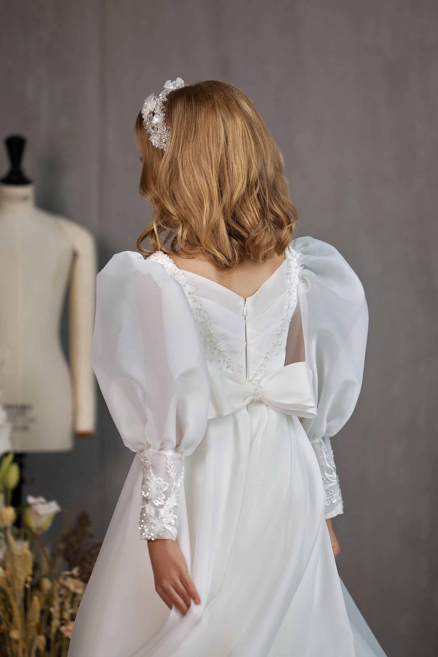 Girls Chiffon Special Occasion Communion Gown With Victorian Lace Sleeves