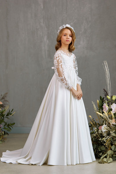 Pentelei Couture Girls Communion Satin Lace Floor Length Dress