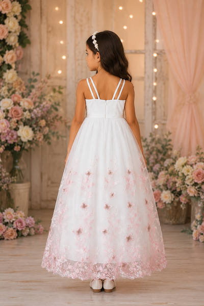 Blush Pink Butterfly Tulle Flower Girl Dress