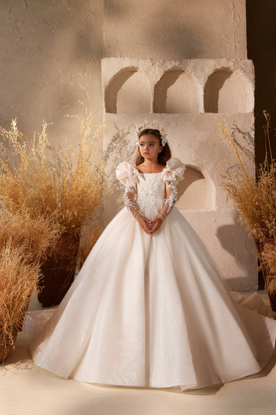 Pentelei Couture Aveline Girls Dress – Beaded Puff Sleeve Communion Gown