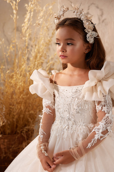 Pentelei Couture Aveline Girls Dress – Beaded Puff Sleeve Communion Gown