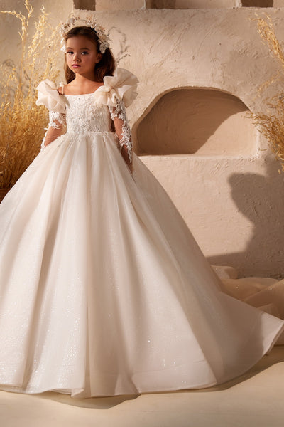 Pentelei Couture Aveline Girls Dress – Beaded Puff Sleeve Communion Gown