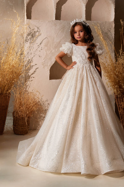 Pentelei Couture Kids Pageant Ball Gown – Ruffled Short Sleeve Party Dress