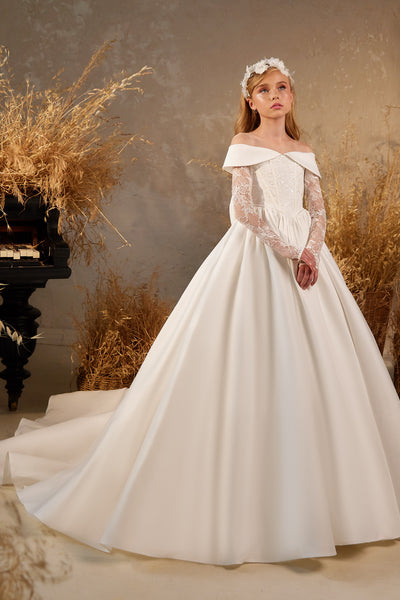 Elegant Off-Shoulder Lace Sleeve Dress | Pentelei Couture | Girls Pageant Communion