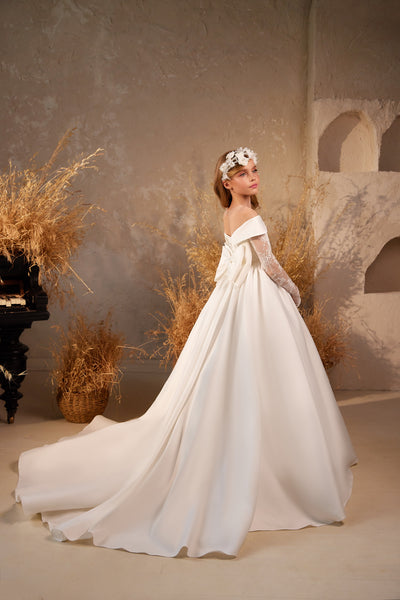 Elegant Off-Shoulder Lace Sleeve Dress | Pentelei Couture | Girls Pageant Communion