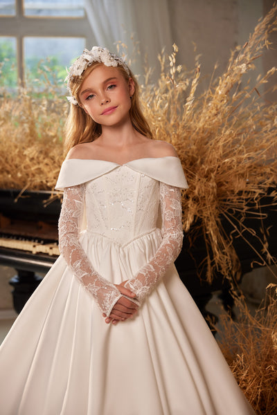 Elegant Off-Shoulder Lace Sleeve Dress | Pentelei Couture | Girls Pageant Communion