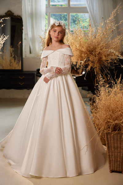 Elegant Off-Shoulder Lace Sleeve Dress | Pentelei Couture | Girls Pageant Communion