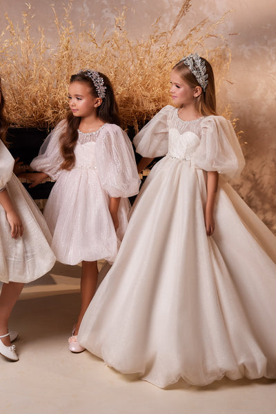 Pentelei Couture Short Puff Sleeve Flower Girl Midi Dress - Wedding & Communion