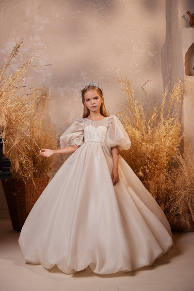 Pentelei Couture Short Puff Sleeve Flower Girl Midi Dress - Wedding & Communion